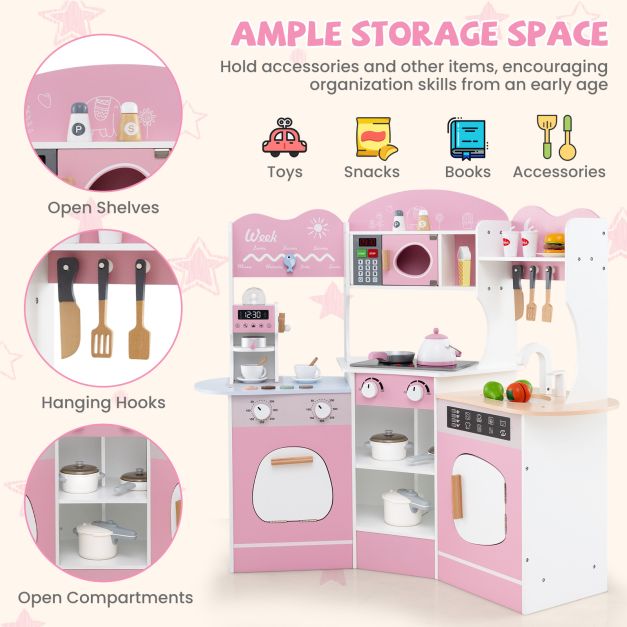 Corner Wooden Play Kitchen with Lights Sounds and Accessories-Pink