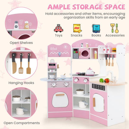 Corner Wooden Play Kitchen with Lights Sounds and Accessories-Pink
