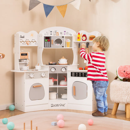 Kids Corner Wooden Play Kitchen with Coffee Machine Slide Microwave-White
