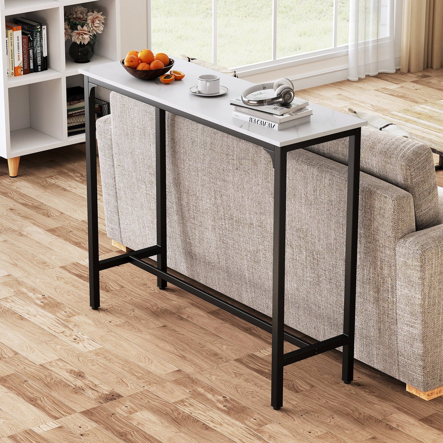 Counter Height Bar Table with Steel Frame and Footrest-White