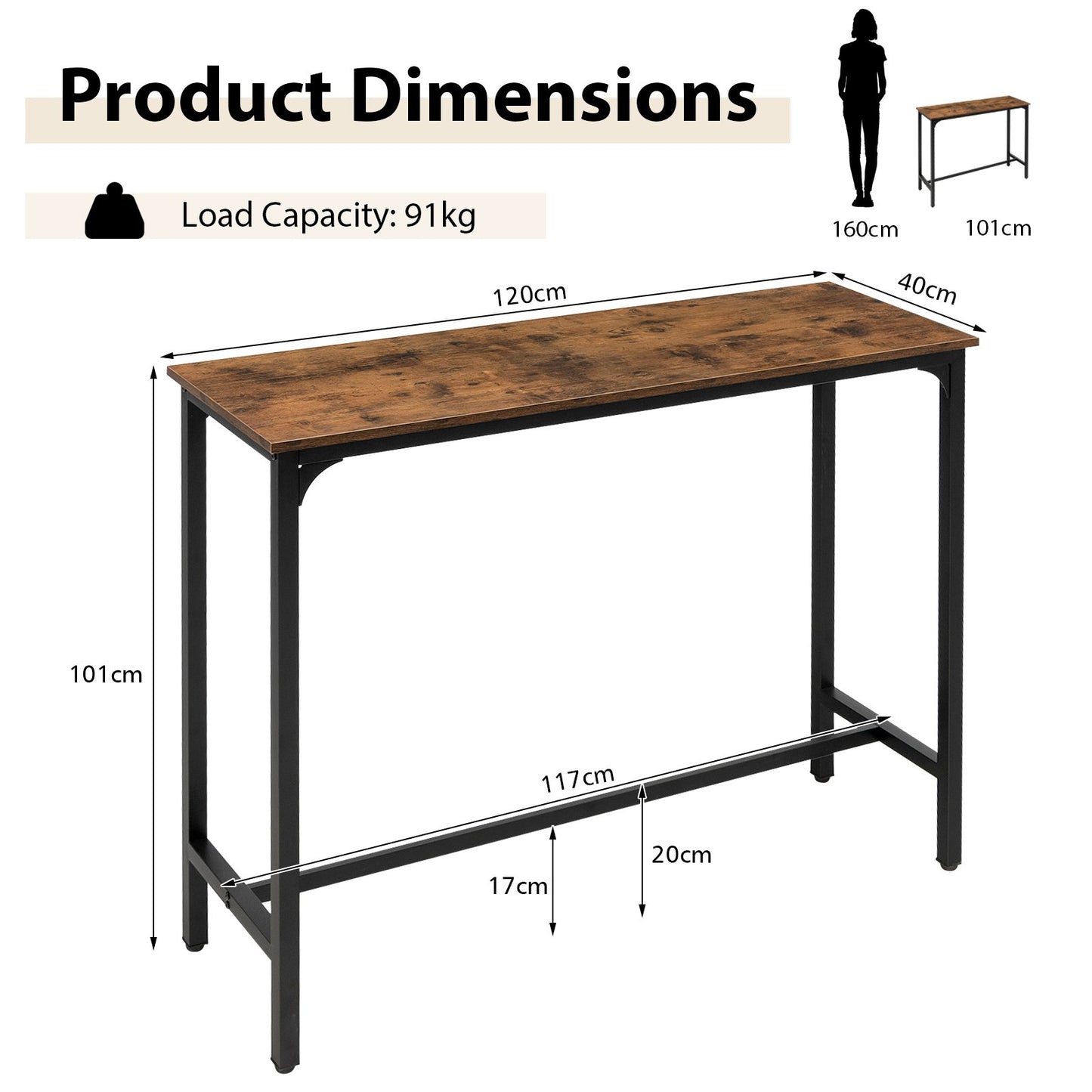 Counter Height Bar Table with Steel Frame and Footrest-Rustic Brown