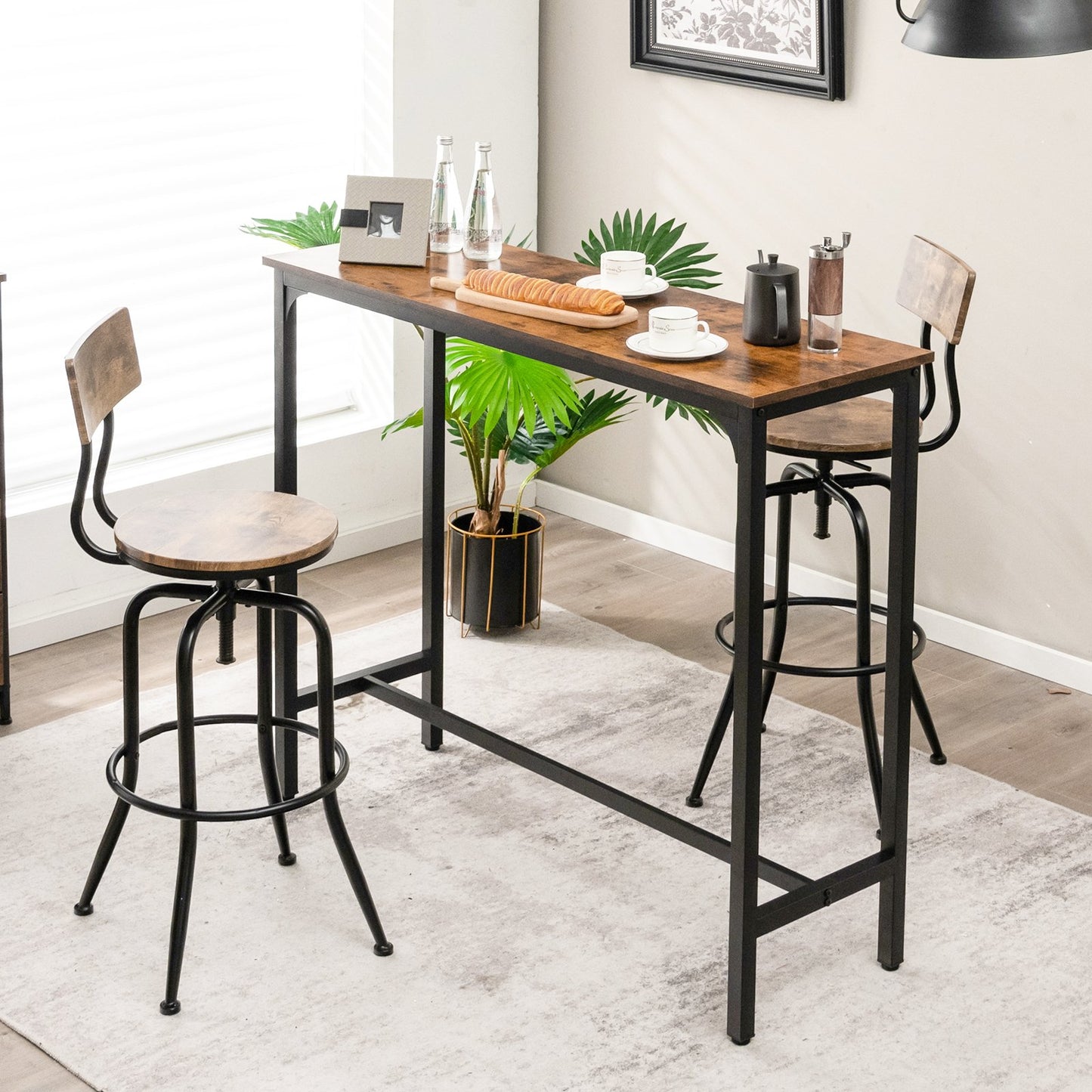Counter Height Bar Table with Steel Frame and Footrest-Rustic Brown