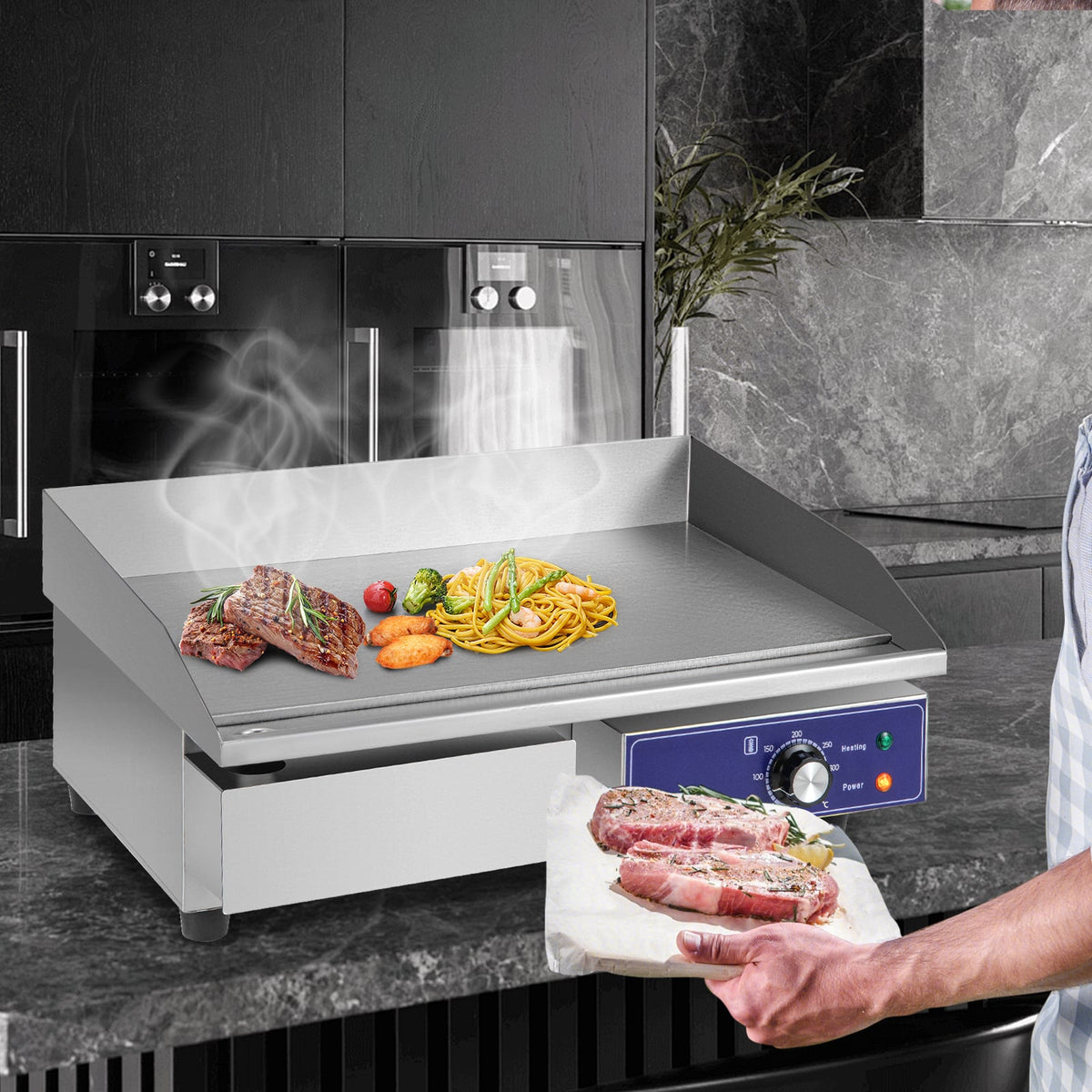 Countertop Electric Griddle 2800W 240V Commercial Stainless Steel Grill with 50℃-300℃ Adjustable Temp Control-Black