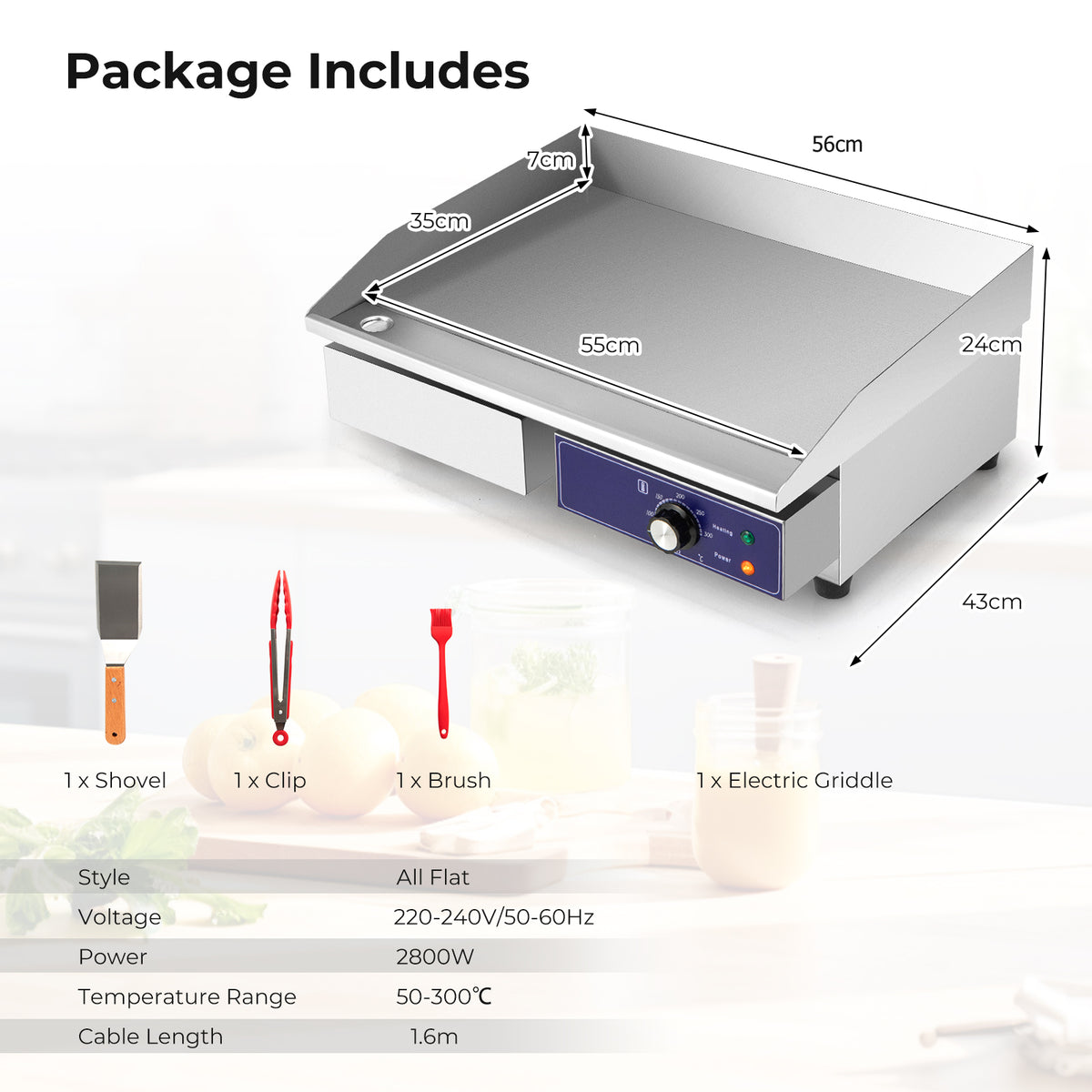 Countertop Electric Griddle 2800W 240V Commercial Stainless Steel Grill with 50℃-300℃ Adjustable Temp Control-Black