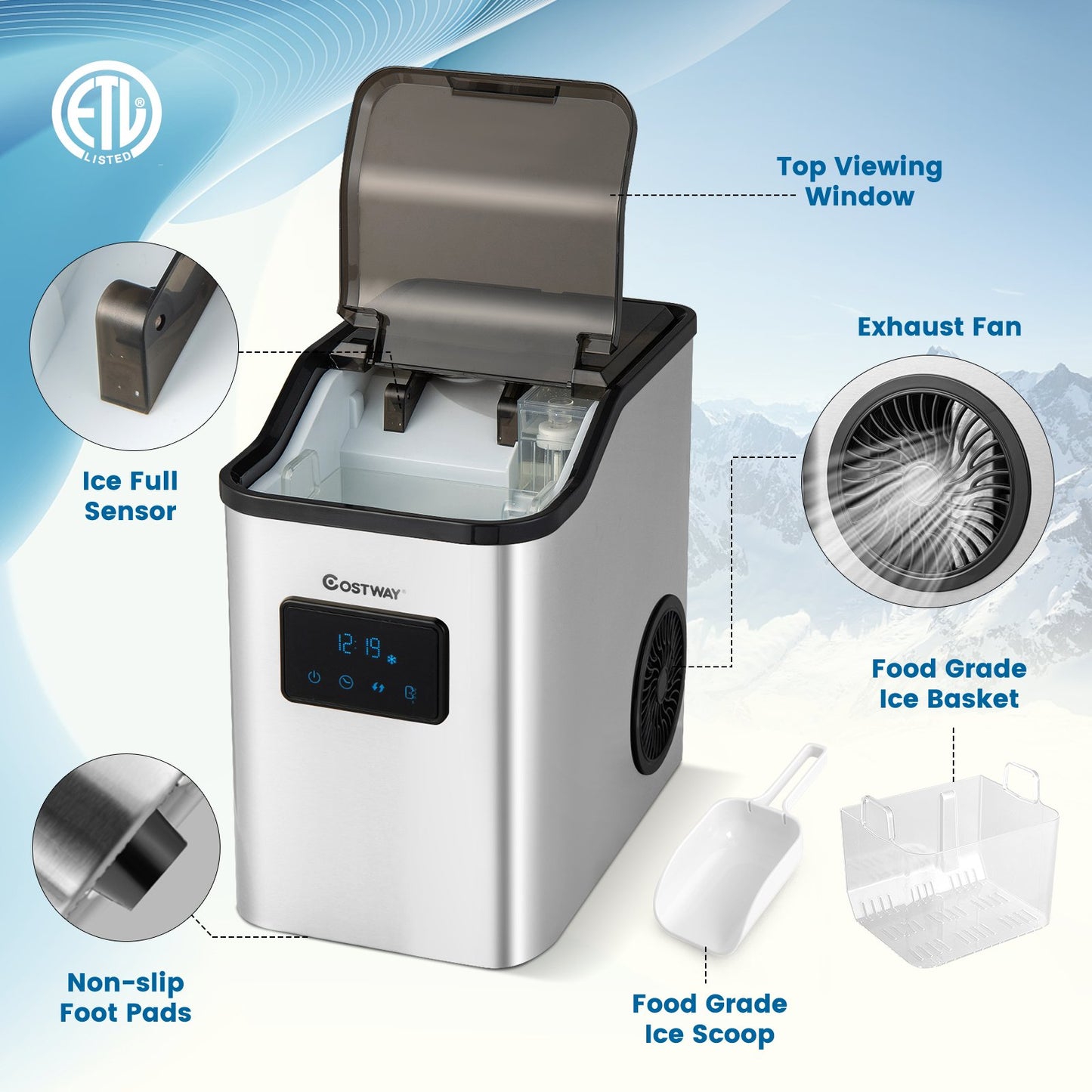 Countertop Nugget Ice Maker with 2 Ways Water Refill-Silver