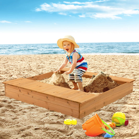 Covered Wooden Kids Sandbox with 2 Storage Boxes and Bottomless Design