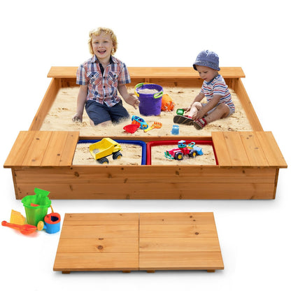 Covered Wooden Kids Sandbox with 2 Storage Boxes and Bottomless Design