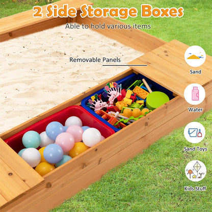 Covered Wooden Kids Sandbox with 2 Storage Boxes and Bottomless Design