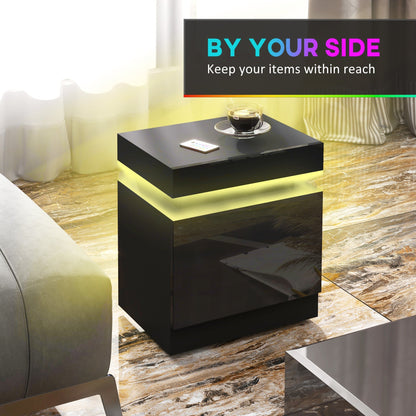 HOMCOM Black Bedside Table with LED Light, High Gloss Front Nightstand with 2 Drawers, for Living Room, Bedroom