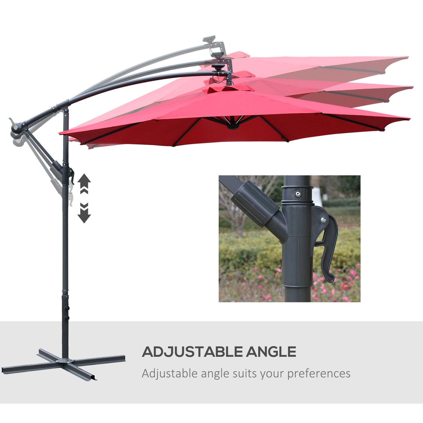 Outsunny 3M LED Patio Banana Umbrella Cantilever Parasol w/ Crank Cross Base شنقا مظلة أوفست الإطار الصلب الألومنيوم حديقة الجدول في الهواء الطلق الأحمر