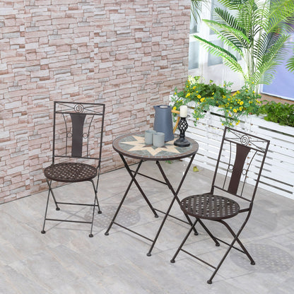 Outsunny 3-Piece Patio Bistro Set, Mosaic Table and 2 Armless Chairs with Foldable Design, Metal Frame for Garden, Poolside, Coffee