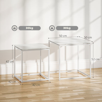 Zestaw stolików HOMCOM Nest of Tables, zestaw 2 stolików kawowych, stolików bocznych z blatem ze szkła hartowanego i metalową ramą do salonu, sypialni, biura, biały