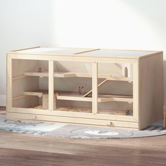 PawHut Drewniana klatka dla chomika, klatka dla małych zwierząt z tacką, otwierany dach, domek do ćwiczeń, 115L x 57W x 55Hcm, naturalny