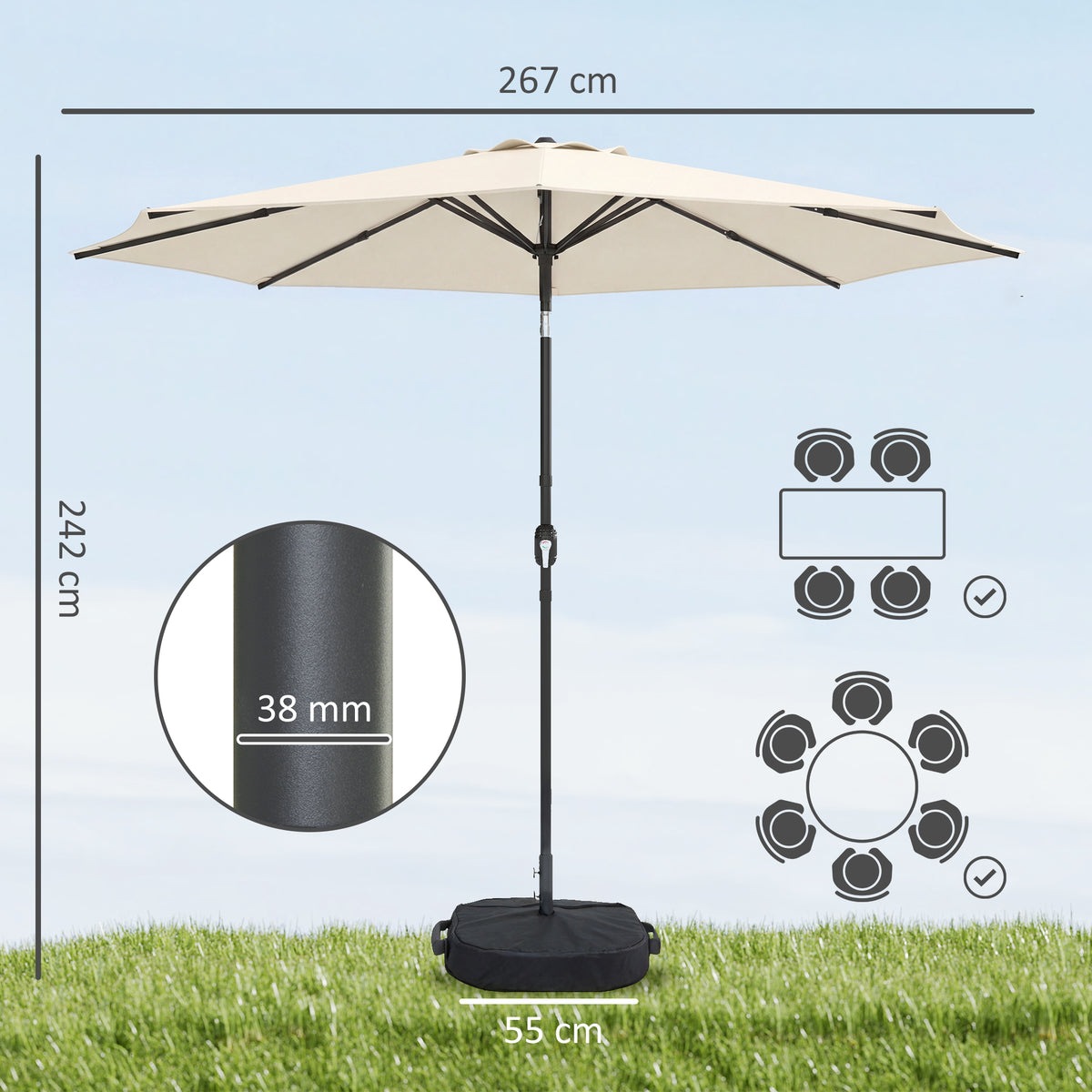 Outsunny 2.7 m Garden Parasol Umbrella with Cross Base and Sandbag, Retractable Ribs, Outdoor Table Market Umbrella, Cream White