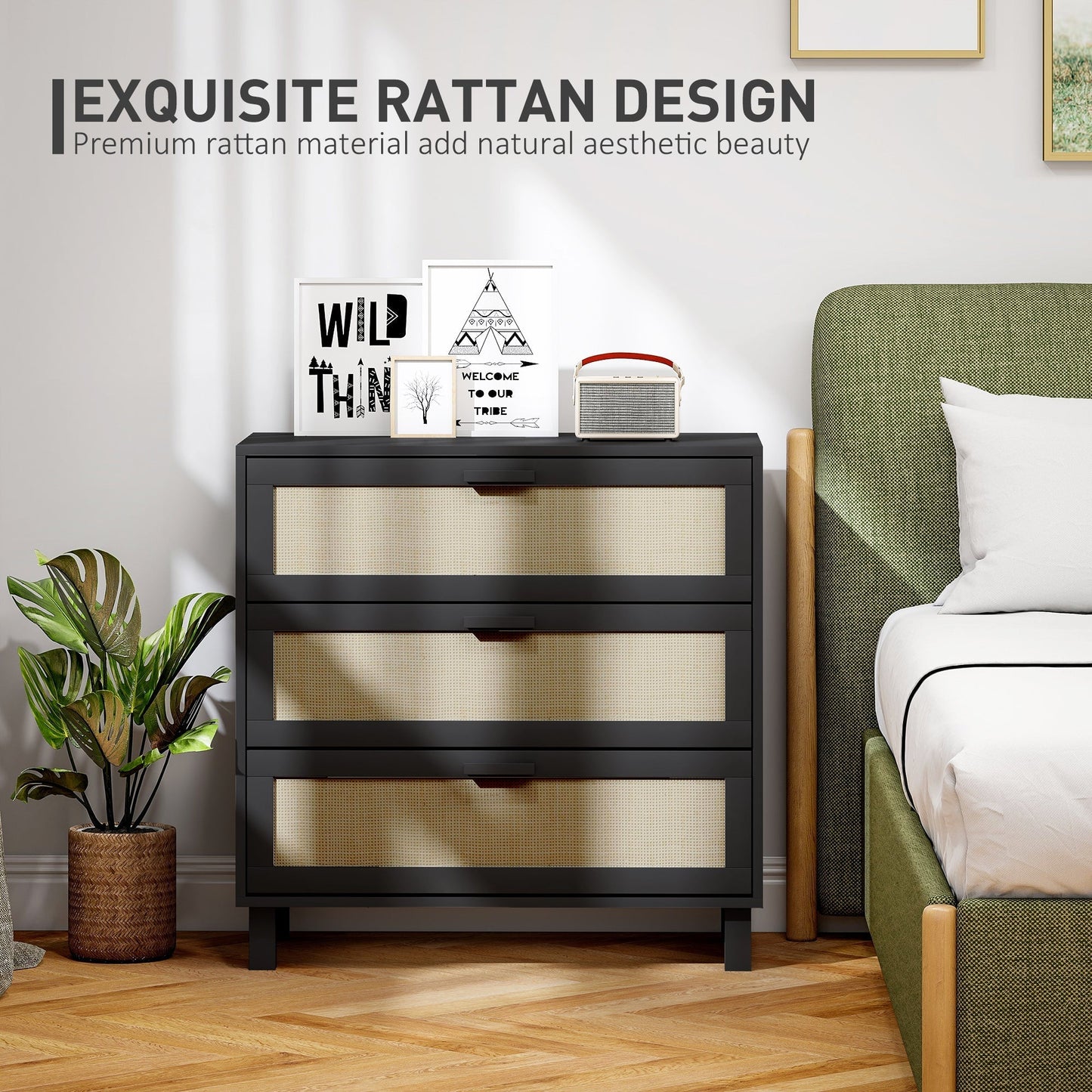 HOMCOM Rattan Bedroom Chest of Drawers, 3 Drawers Storage Unit, Boho Dresser for Living Room, Hallway, Black