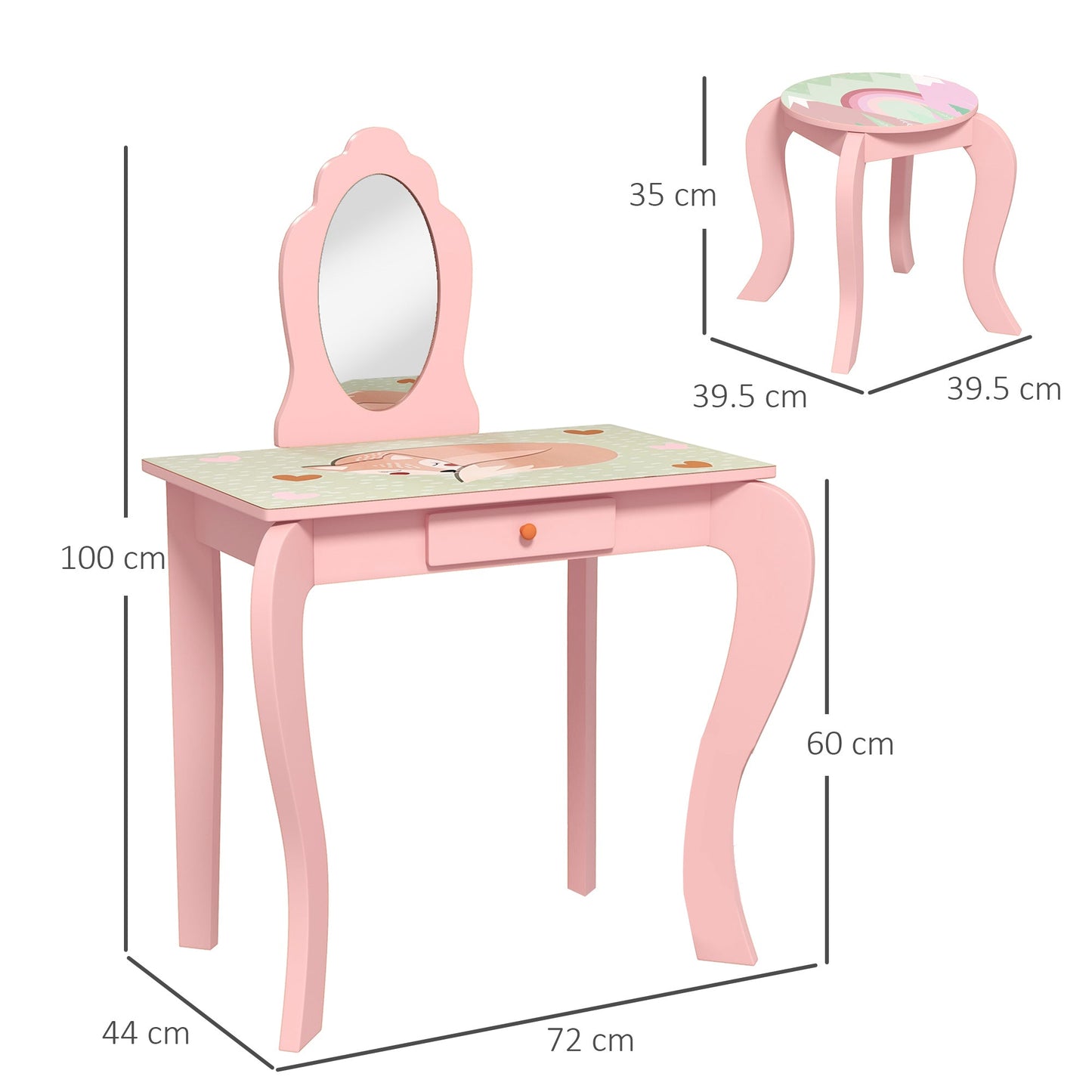 ZONEKIZ Kids Dressing Table with Mirror and Stool, Girls Vanity Table Makeup Desk with Drawer, Cute Animal Design, for 3-6 Years - Pink