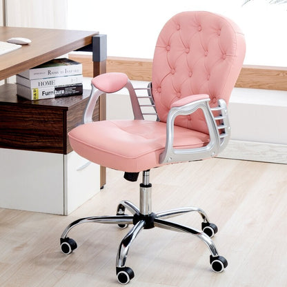 White Faux Leather Office Chair Chesterfield Chair with 360° Rotary Wheels