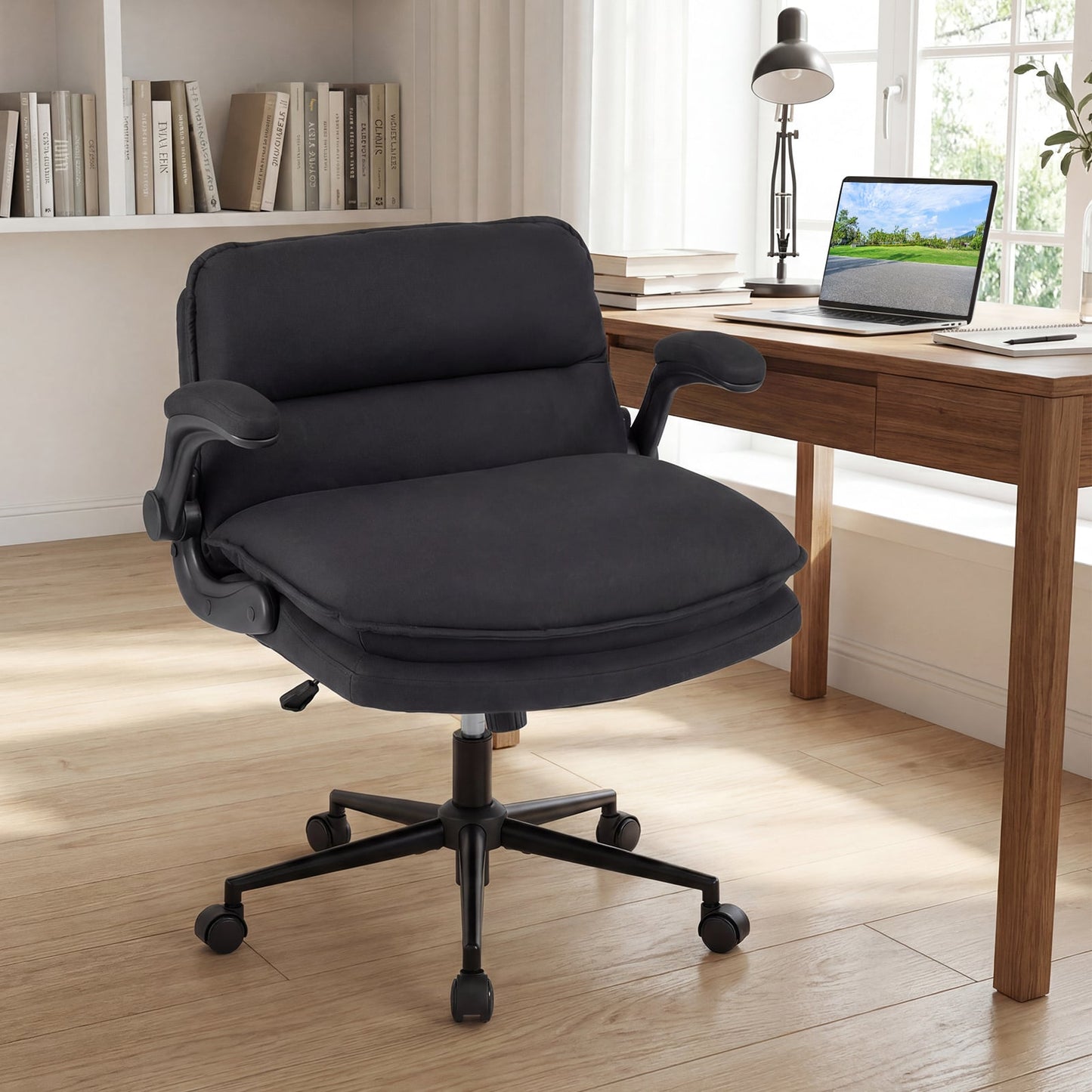 Criss Cross Chair on Wheels with Flip-up Arms Adjustable Height and Wide Backrest-Black and Grey