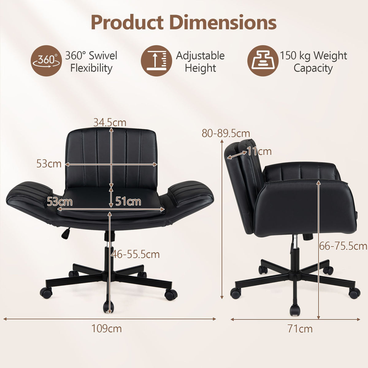 Criss Cross Office Chair with 6-Level Adjustable Arms and Wheels for Home Office-Black