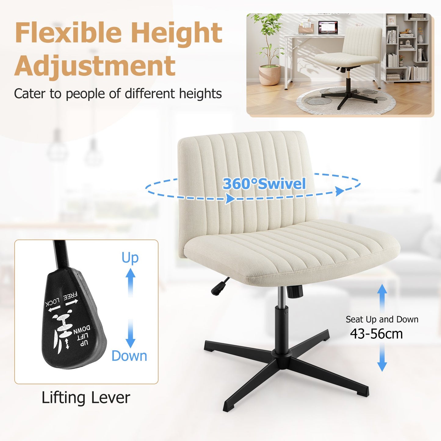 Criss Cross Legged Chair No Wheels 120° Rocking Adjustable Height-Beige