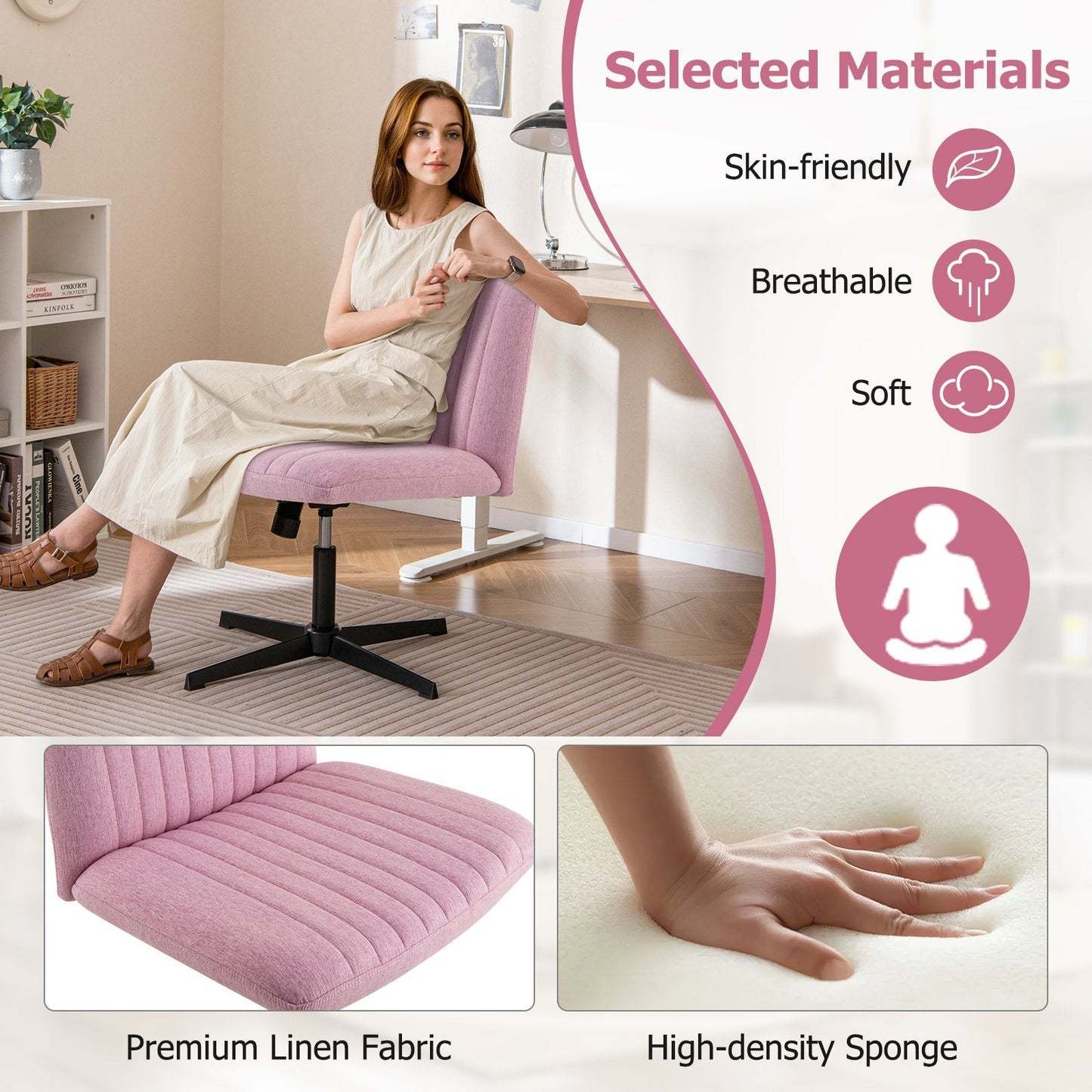 Criss Cross Legged Chair No Wheels 120° Rocking Adjustable Height-Pink