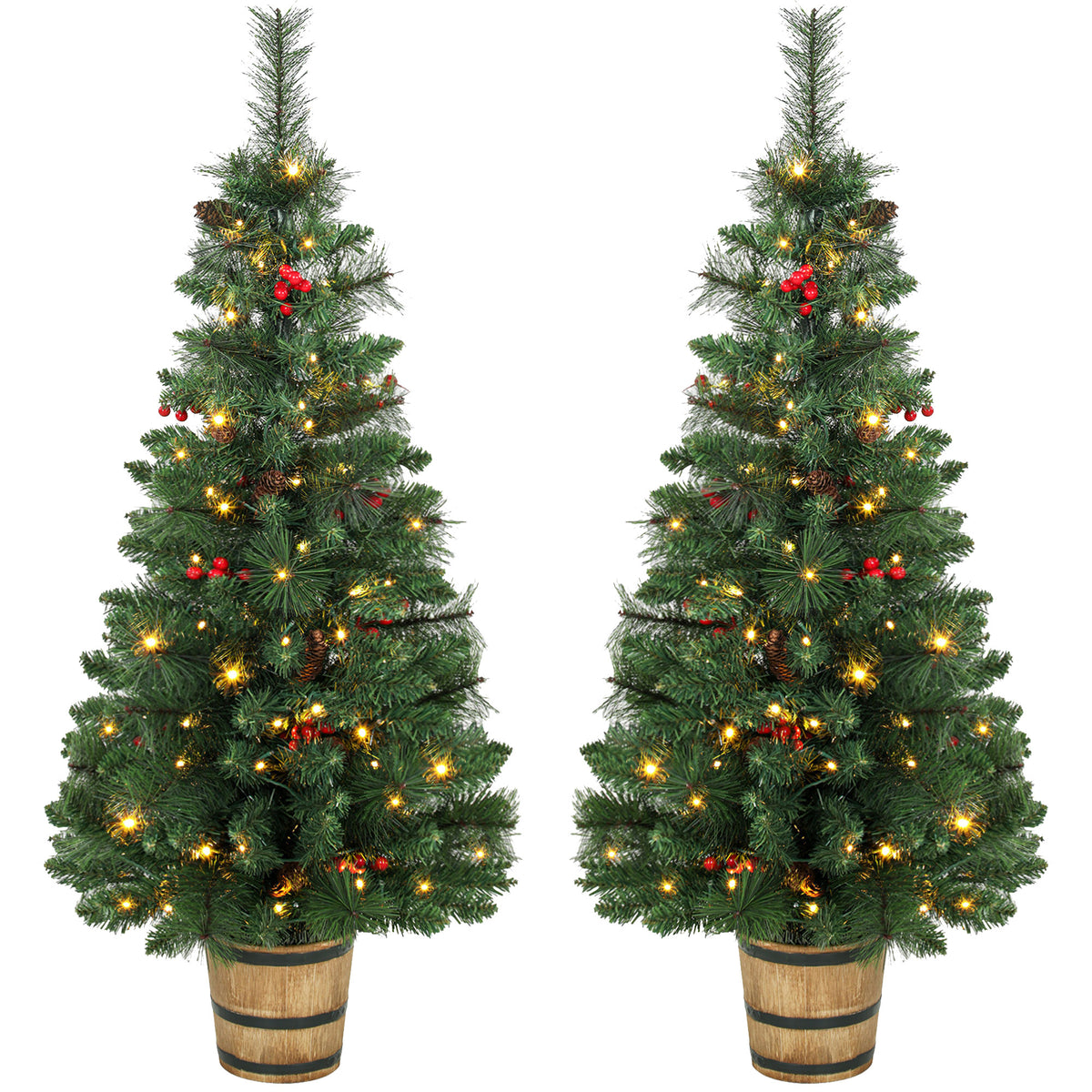 HOMCOM 2 PCs Prelit Christmas Trees with Dual-Colour LEDs, Berry, Pinecones, Battery-Operated, 11 Modes, Pot, Remote, 4ft