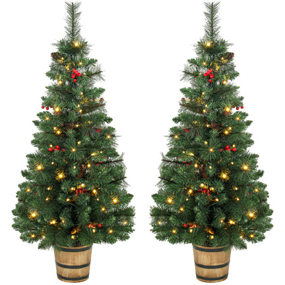 HOMCOM 2 PCs Prelit Christmas Trees with Dual-Colour LEDs, Berry, Pinecones, Battery-Operated, 11 Modes, Pot, Remote, 4ft