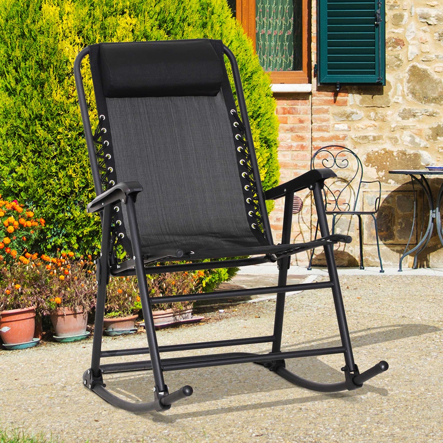 Outsunny Garden Rocking Chair Folding Outdoor Adjustable Rocker Zero-Gravity Seat with Headrest Camping Fishing Patio Deck - Black