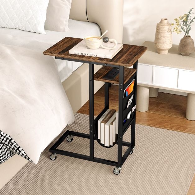 C-shaped End Table Rolling with Charging Station and Retractable Tabletop-Rustic Brown