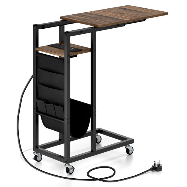 C-shaped End Table Rolling with Charging Station and Retractable Tabletop-Rustic Brown