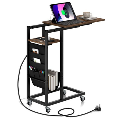 C-shaped End Table Rolling with Charging Station and Retractable Tabletop-Rustic Brown