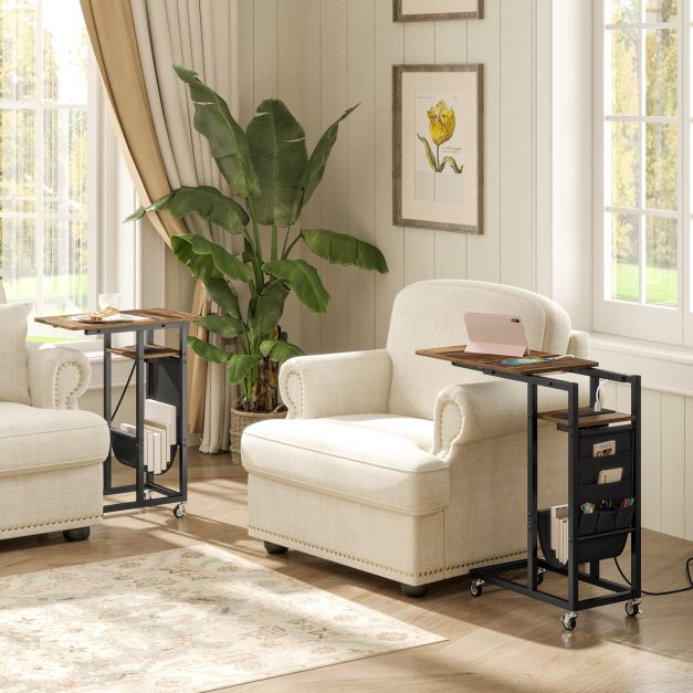 C-shaped End Table Rolling with Charging Station and Retractable Tabletop-Rustic Brown