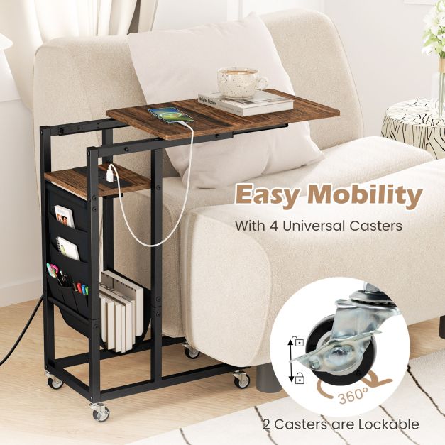 C-shaped End Table Rolling with Charging Station and Retractable Tabletop-Rustic Brown