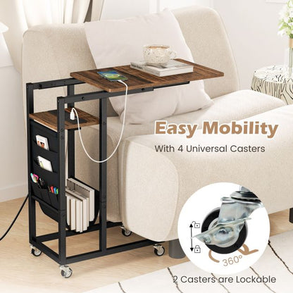 C-shaped End Table Rolling with Charging Station and Retractable Tabletop-Rustic Brown