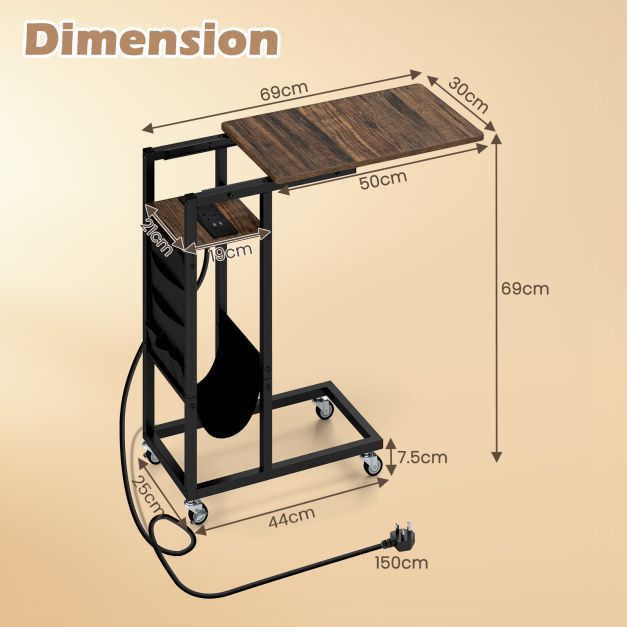 C-shaped End Table Rolling with Charging Station and Retractable Tabletop-Rustic Brown