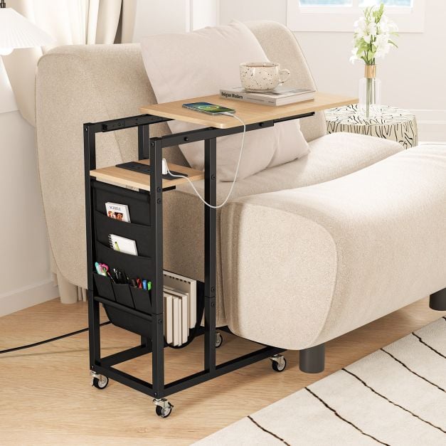 C-shaped End Table Rolling with Charging Station and Retractable Tabletop-Natural