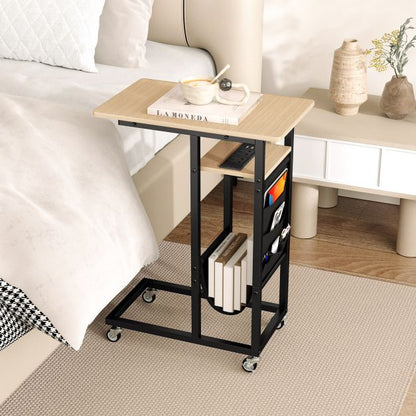 C-shaped End Table Rolling with Charging Station and Retractable Tabletop-Natural