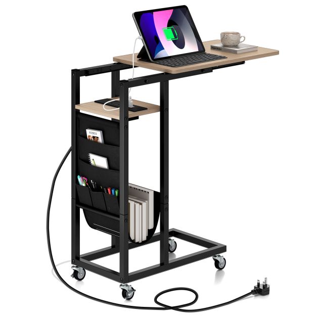 C-shaped End Table Rolling with Charging Station and Retractable Tabletop-Natural