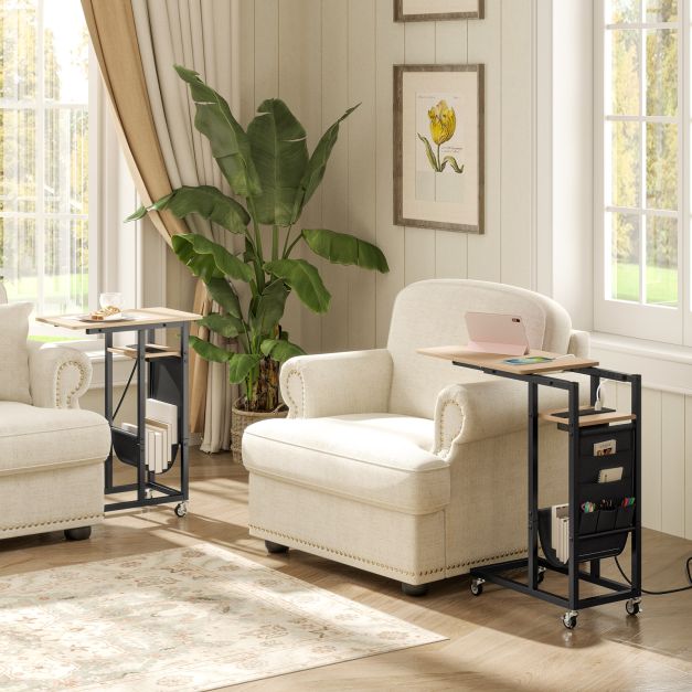 C-shaped End Table Rolling with Charging Station and Retractable Tabletop-Natural