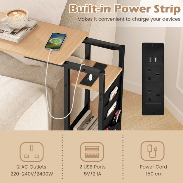 C-shaped End Table Rolling with Charging Station and Retractable Tabletop-Natural