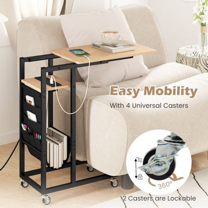 C-shaped End Table Rolling with Charging Station and Retractable Tabletop-Natural
