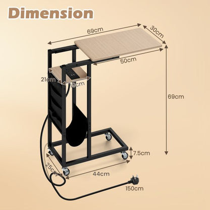 C-shaped End Table Rolling with Charging Station and Retractable Tabletop-Natural