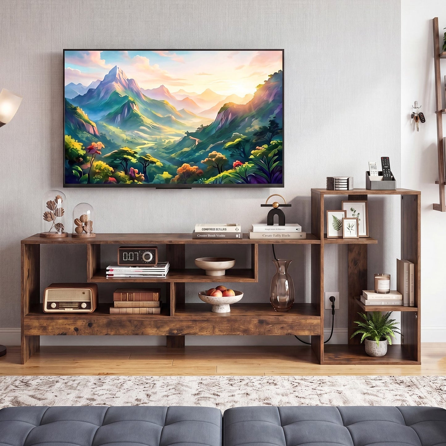 Cube TV Stand for 55 Inch TV with Power Outlets & Open Shelves for Living Room Bedroom-Rustic Brown