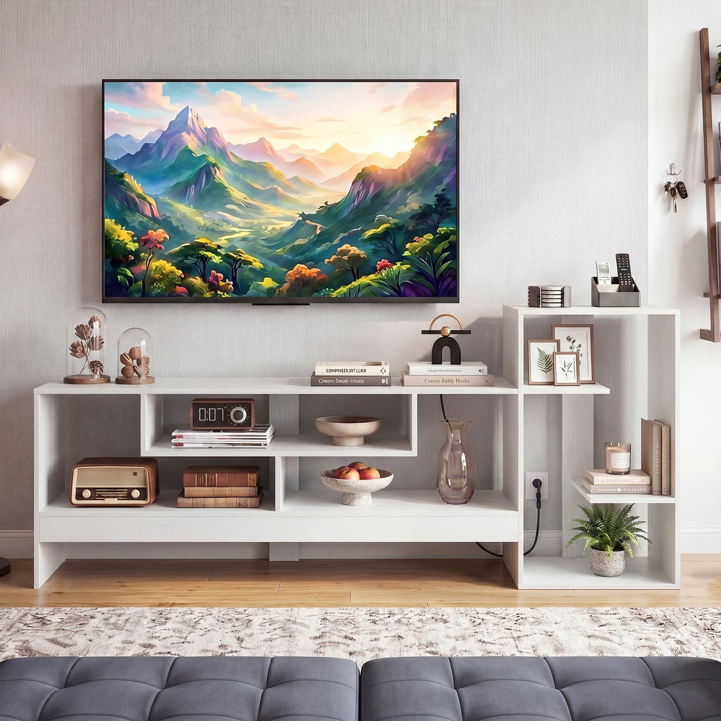 Cube TV Stand for 55 Inch TV with Power Outlets & Open Shelves for Living Room Bedroom-White