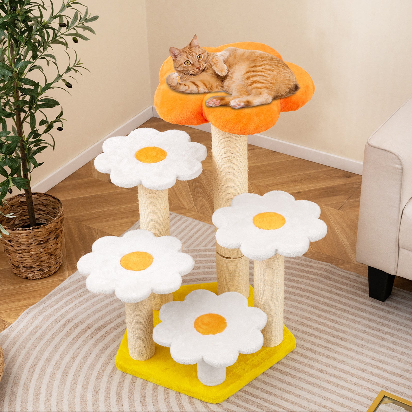 Cute Flower Cat Tree Kitty Tower with Sisal Scratching Posts-Yellow