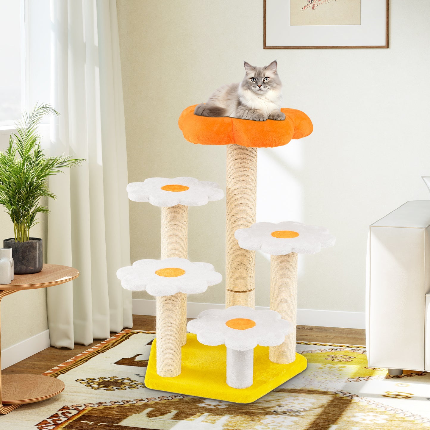 Cute Flower Cat Tree Kitty Tower with Sisal Scratching Posts-Yellow