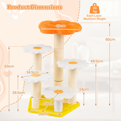 Cute Flower Cat Tree Kitty Tower with Sisal Scratching Posts-Yellow