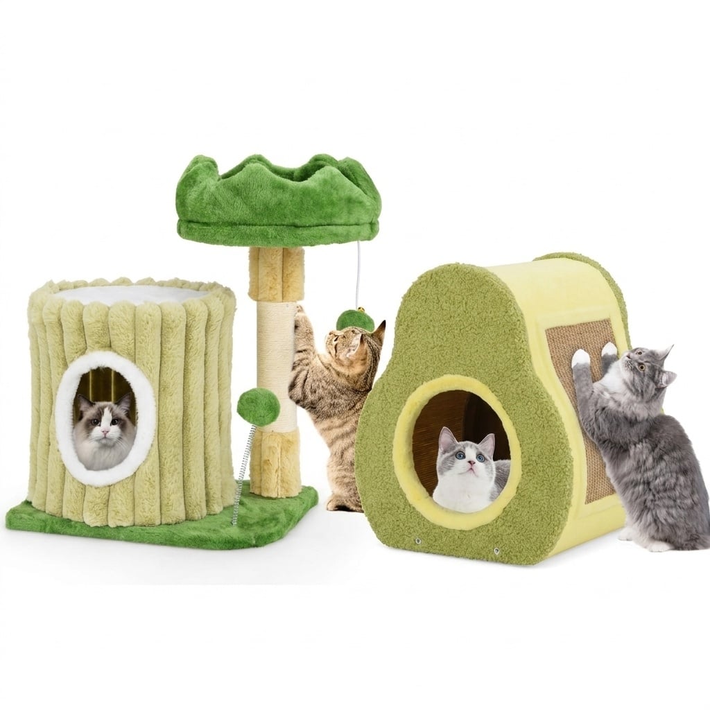 Cute Nature-Themed 2-Piece Cat Tree & Avocado House Bundle