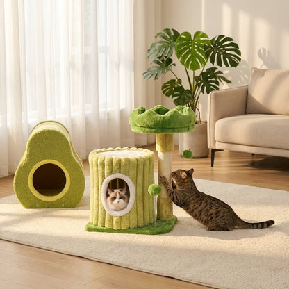 Cute Nature-Themed 2-Piece Cat Tree & Avocado House Bundle