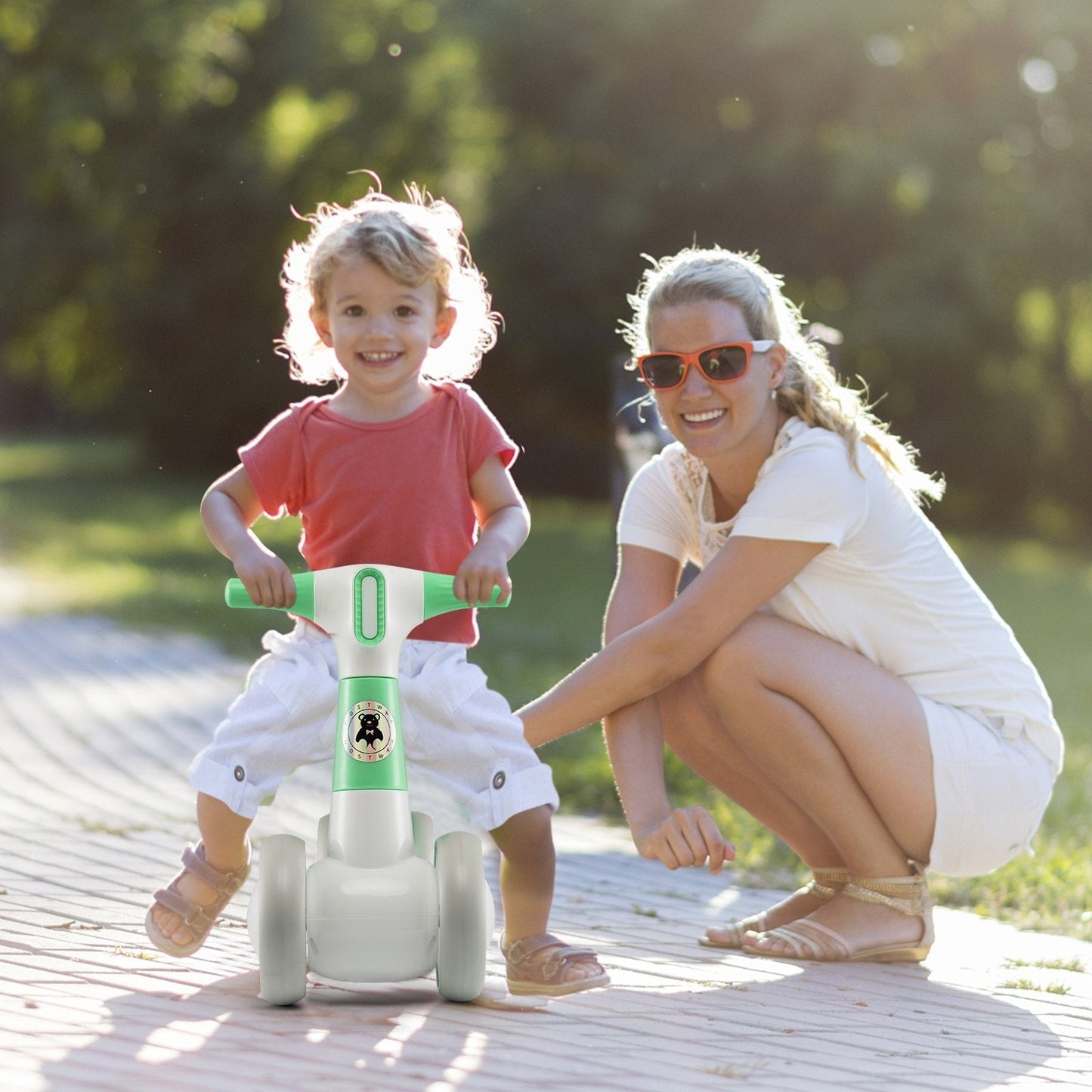 Cute Baby Balance Bike 4 Wheels with Steering Handlebars No Pedal-Green